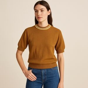 Vintage Ashley Knit Mustard Textured Short-Sleeve Sweater • Size S • Retro 70s